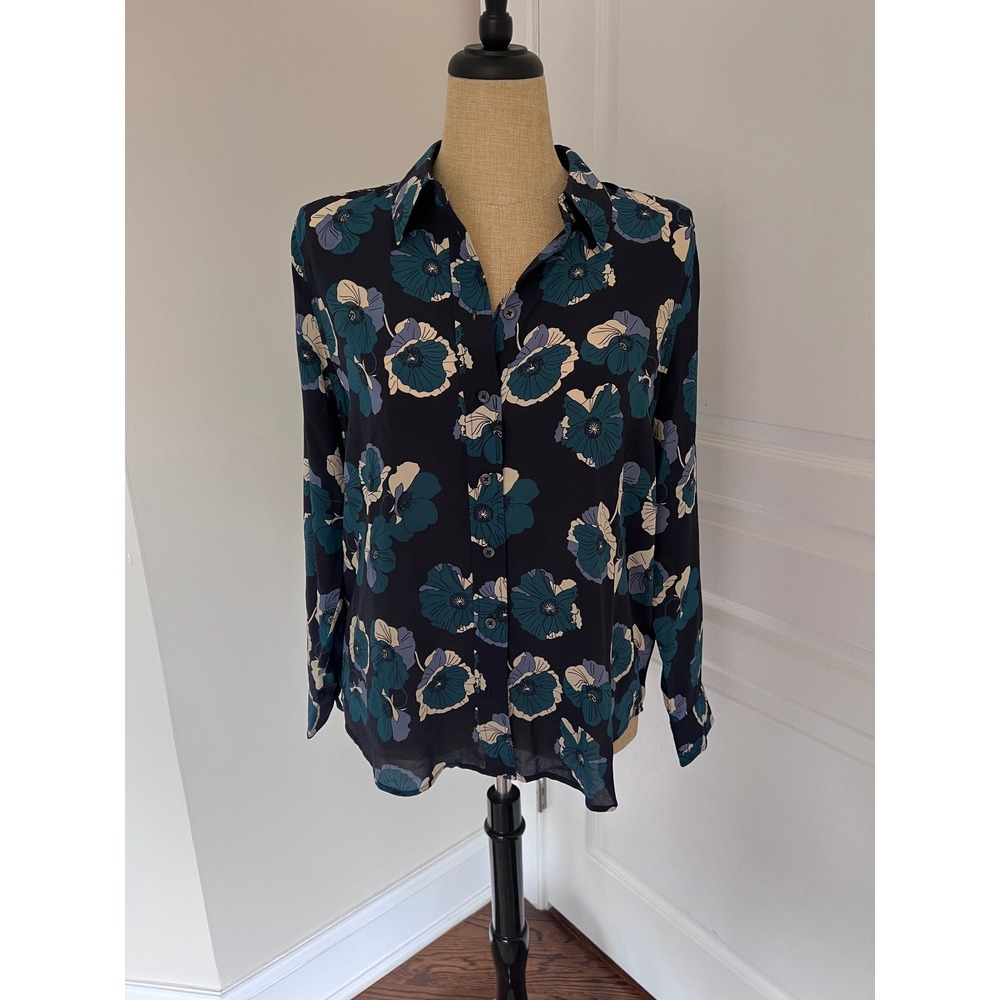New! Dark Floral Long Sleeve Button Silk Blouse Navy Teal Boho Whimsigoth XL
